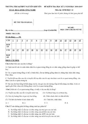 Đề kiểm tra học kì II môn Sinh học Lớp 12 - Năm học 2018-2019 - Trường THCS và THPT Nguyễn Khuyến (Có đáp án)